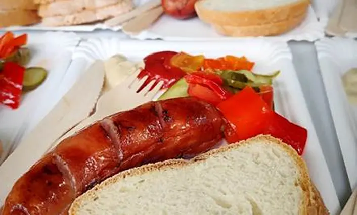 Zdjęcie przedstawia porcje grillowe z kiełbasą, pieczywem, warzywami na jednorazowych talerzach.