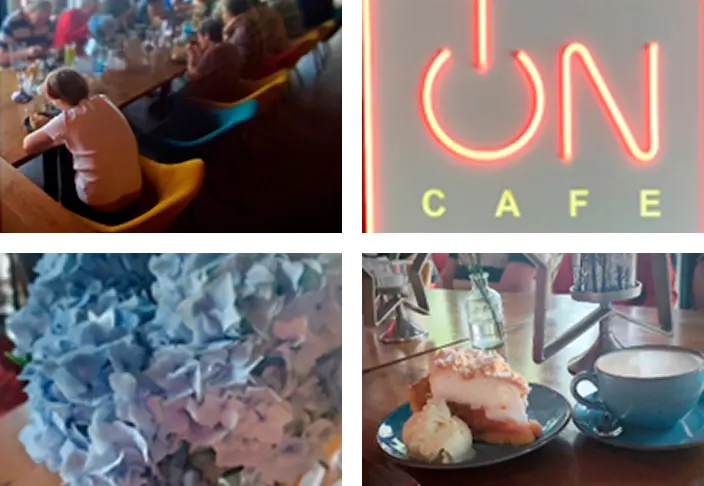 Kolaż zdjęć ze spotkana mieszkańców DPS ul. Kaletnicza w kawiarni OnCafe.